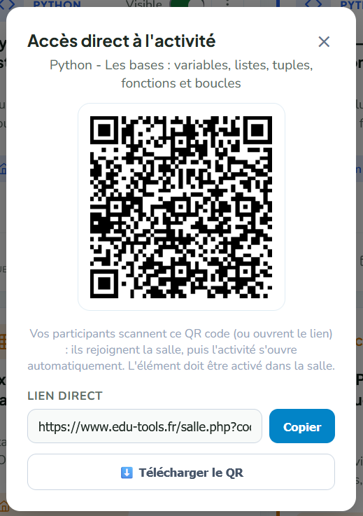 Ventana de EduTools «Acceso directo a la actividad» que muestra un código QR, un enlace directo para copiar y un botón Descargar el QR