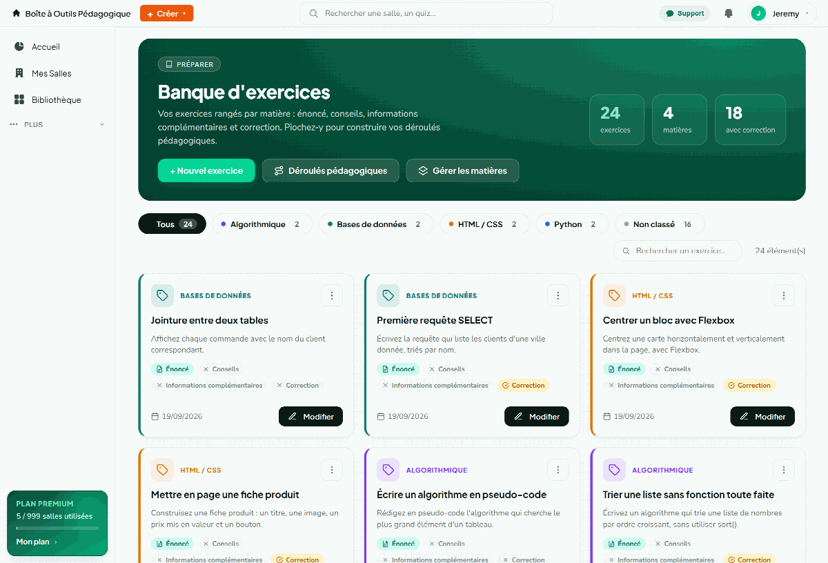 Banque d'exercices EduTools : compteurs, filtres par matière et cartes d'exercices indiquant les parties remplies.