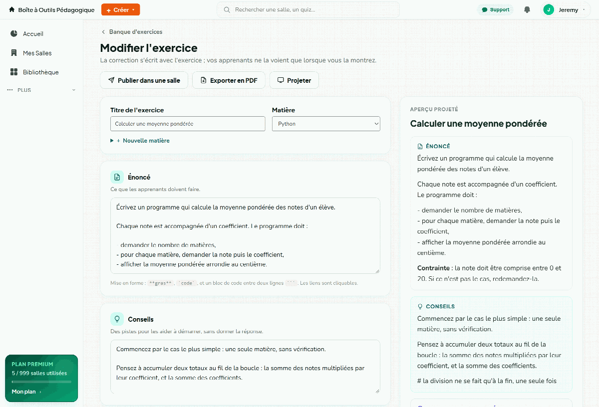 Éditeur d'exercice EduTools : champs énoncé et conseils à gauche, aperçu projeté fidèle à droite.