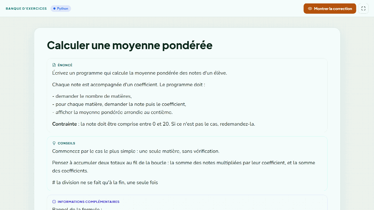 Exercice EduTools projeté en plein écran : titre, énoncé, conseils, et le bouton Montrer la correction en haut à droite.