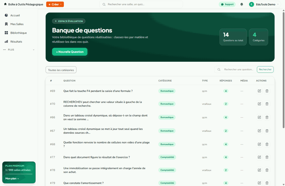 Banque de questions EduTools filtrée sur une matière : seules les questions de bureautique restent affichées.