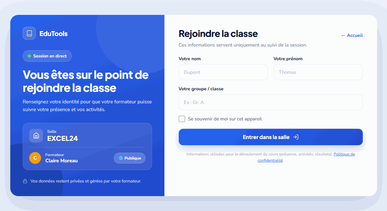 Écran d'entrée dans une classe virtuelle EduTools : le nom de la salle, celui du formateur, et un formulaire demandant nom, prénom et groupe.