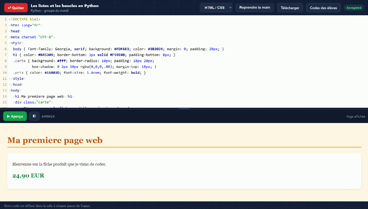 Éditeur EduTools en mode HTML et CSS : le code d'une page en haut, la page rendue avec son style en bas.