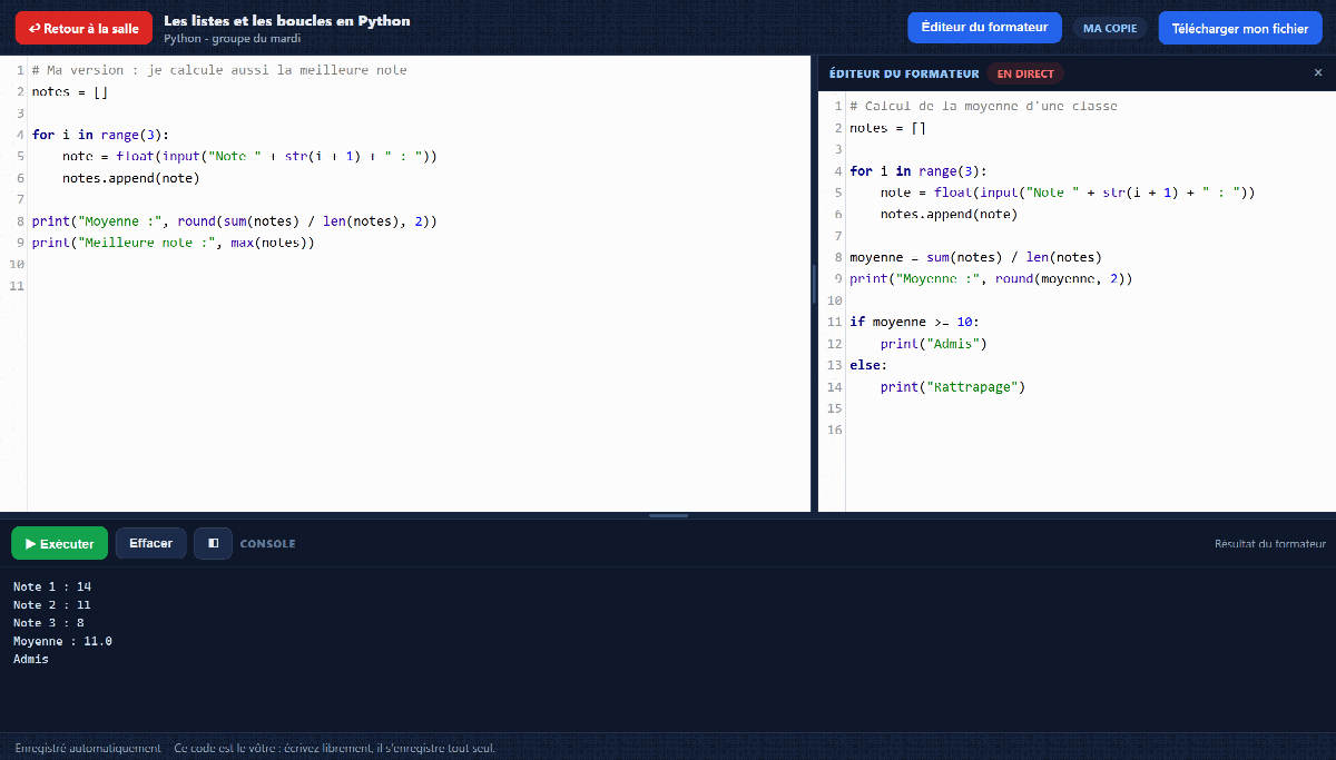 Vue d'un participant : son propre éditeur de code à gauche, celui du formateur à droite marqué « en direct », et la console en bas.