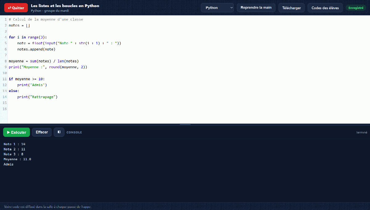 Éditeur de code EduTools côté formateur : un programme Python avec une boucle et une condition, et la console qui affiche le dialogue du programme et son résultat.