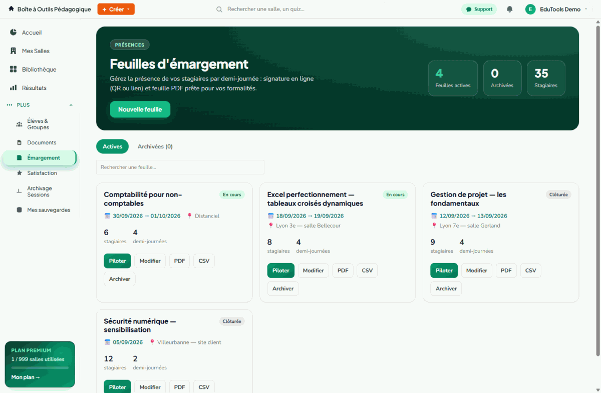 Liste des feuilles d'émargement EduTools : compteurs de feuilles actives, archivées et stagiaires, et une carte de formation avec ses boutons Piloter, PDF et CSV.