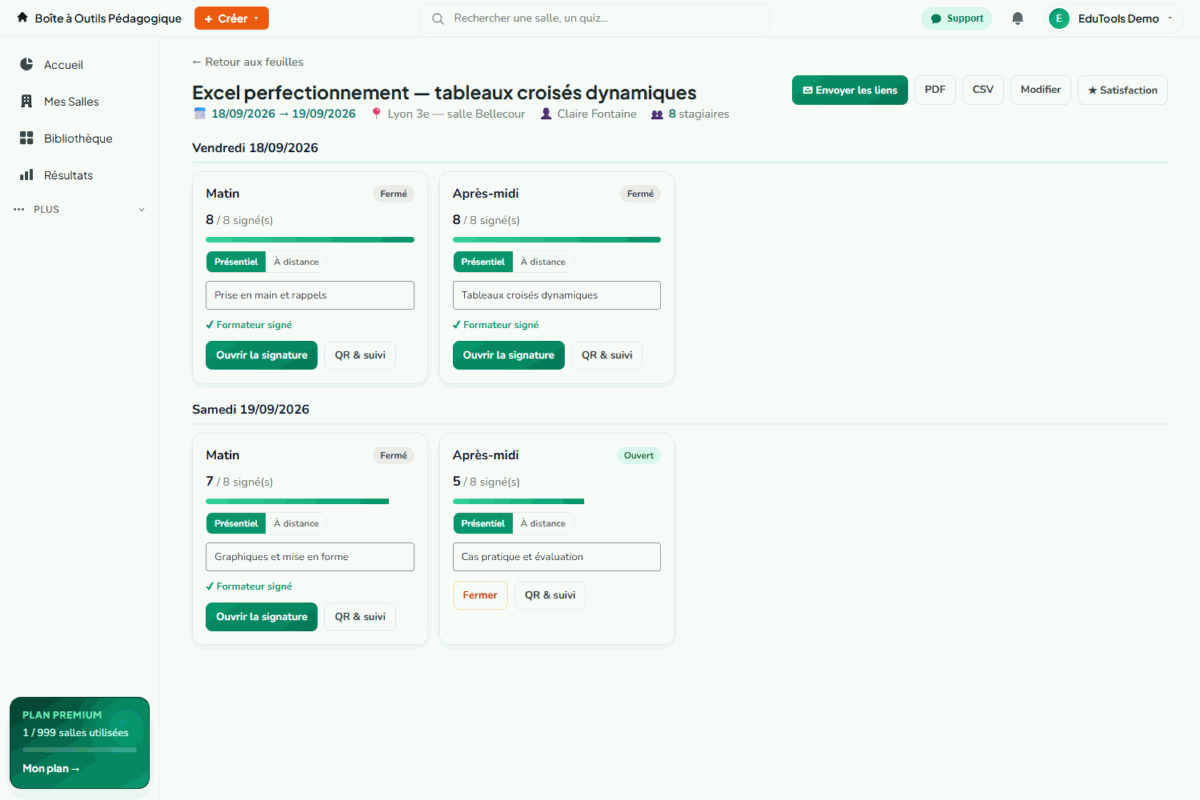 Pilotage d'une session d'émargement EduTools : quatre demi-journées avec leur compteur de signatures, leur modalité et leur bouton d'ouverture.
