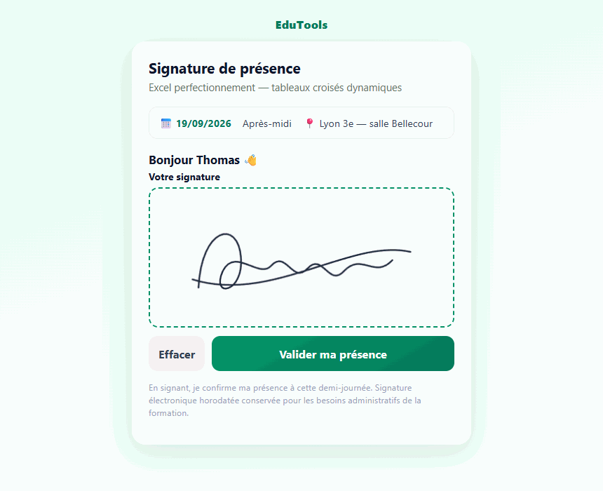 Écran de signature EduTools sur mobile : intitulé de la formation, date, lieu, et un cadre où le stagiaire trace sa signature au doigt.