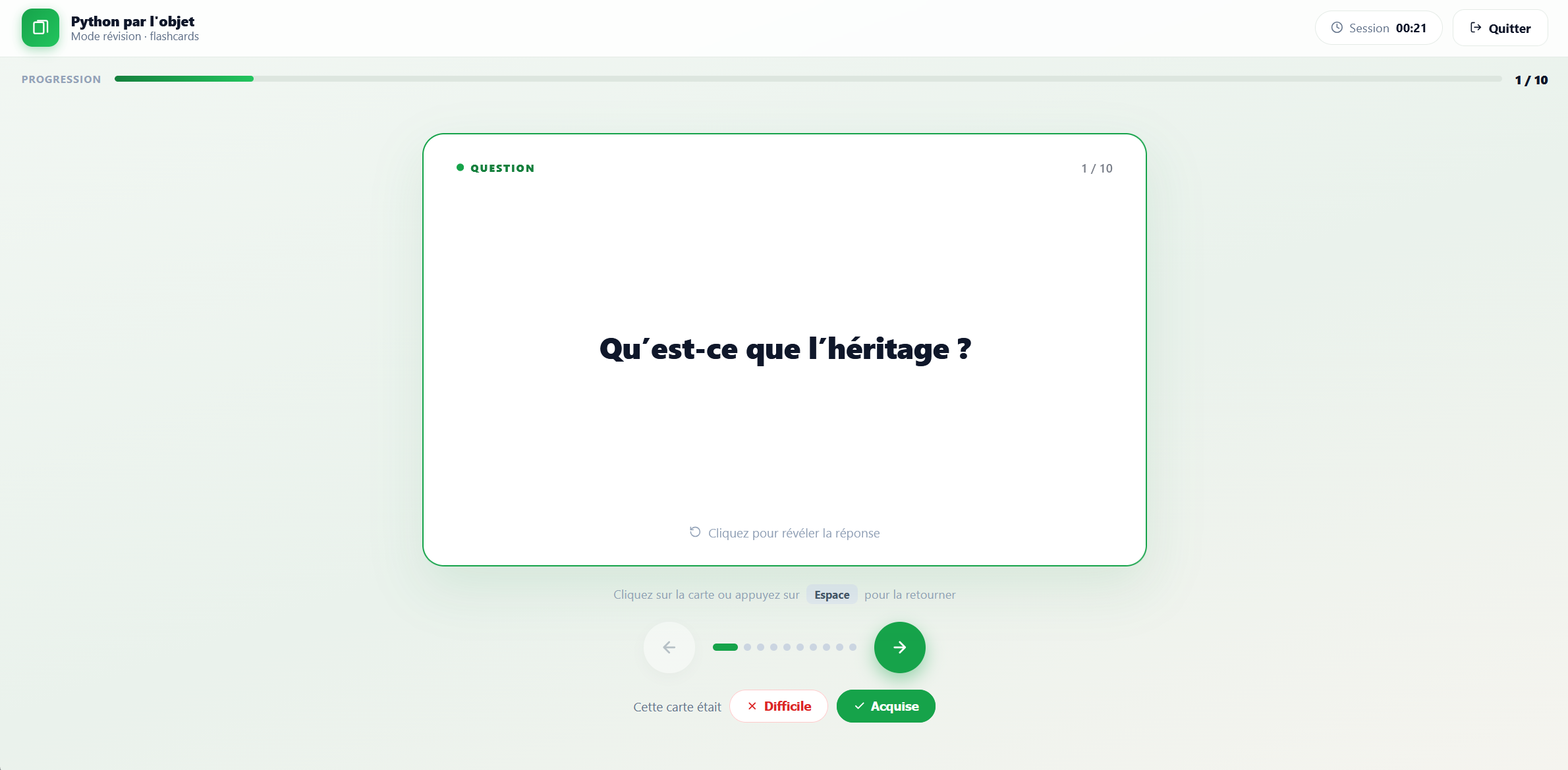 EduTools flashcard question side in revision mode: 'What is inheritance?', with a progress bar and a session timer