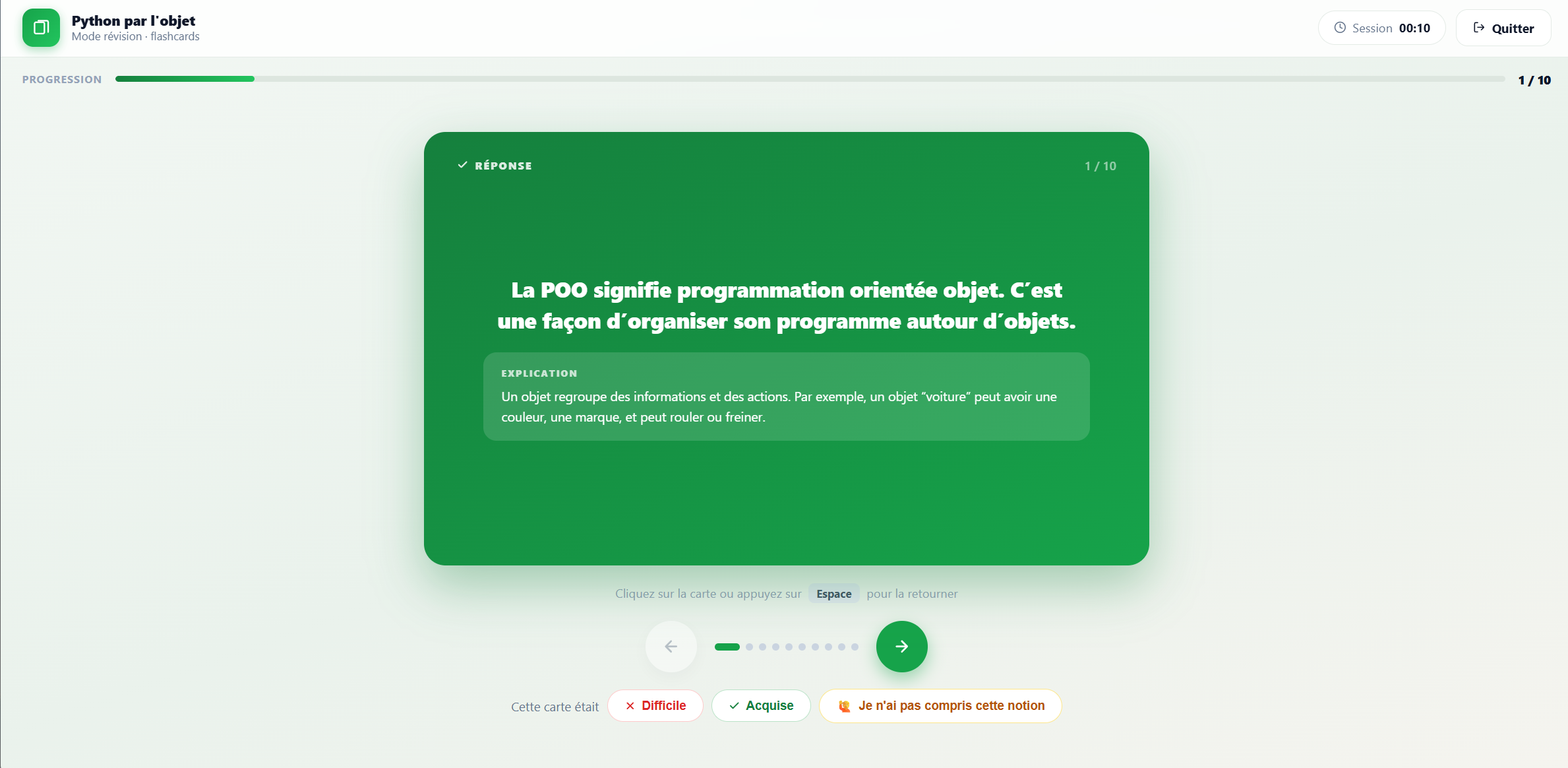 EduTools flashcard answer side: definition of OOP with an Explanation area and self-assessment buttons Hard, Learned and I did not understand