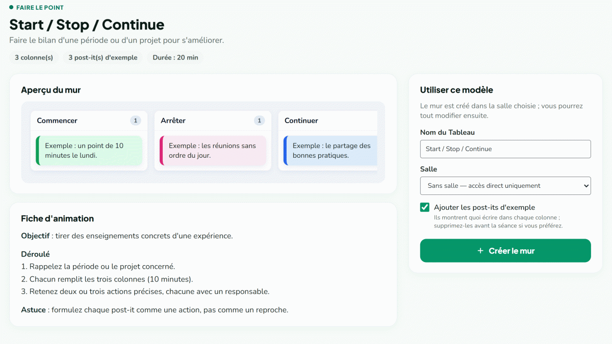 Page d'un modèle EduTools : aperçu des colonnes, fiche d'animation avec objectif et déroulé, et création du mur dans une salle.