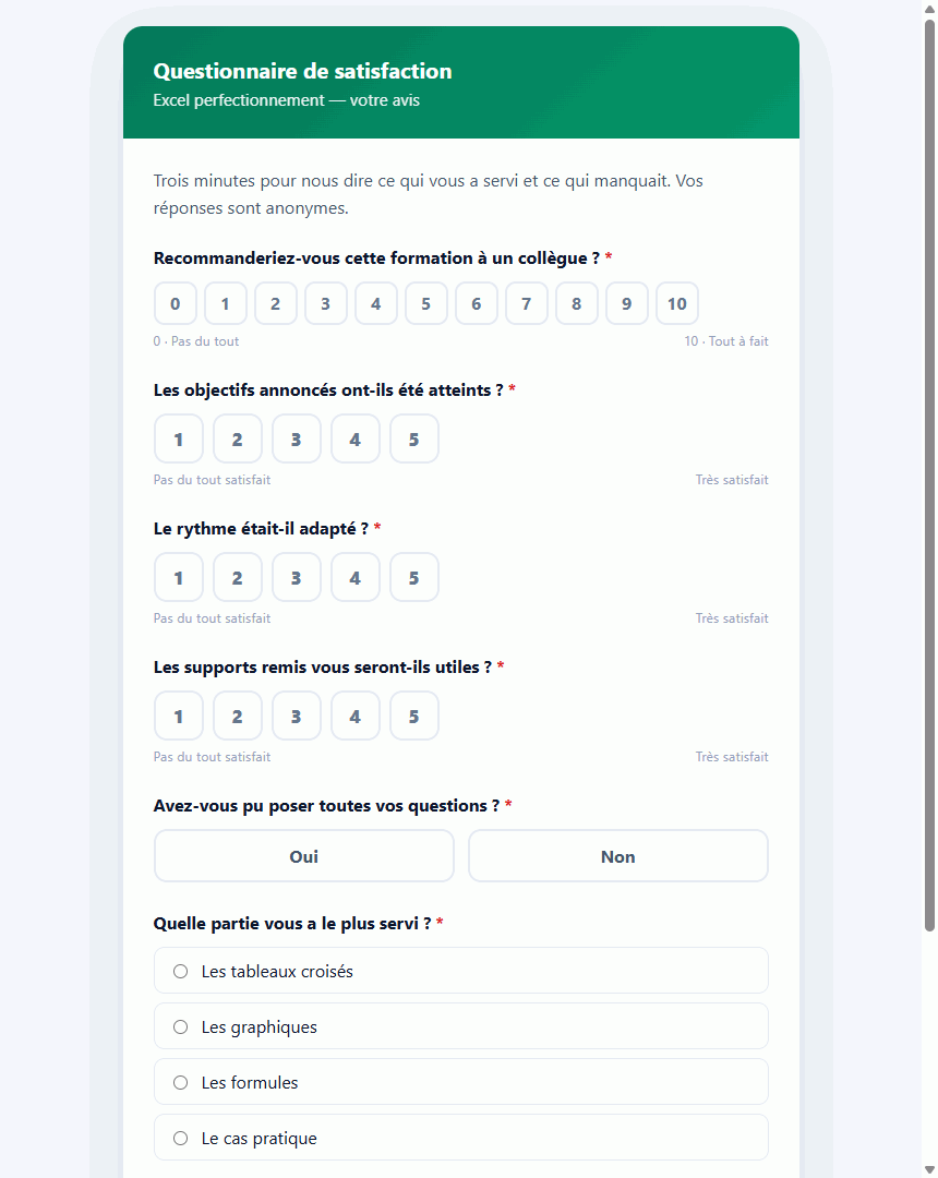 Questionnaire de satisfaction EduTools sur mobile : échelle de recommandation de 0 à 10, notes sur 5, question oui/non et choix multiples.
