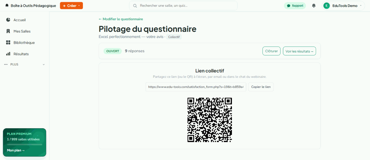 Pilotage d'un questionnaire de satisfaction EduTools : statut ouvert, nombre de réponses, lien collectif et QR code à projeter.