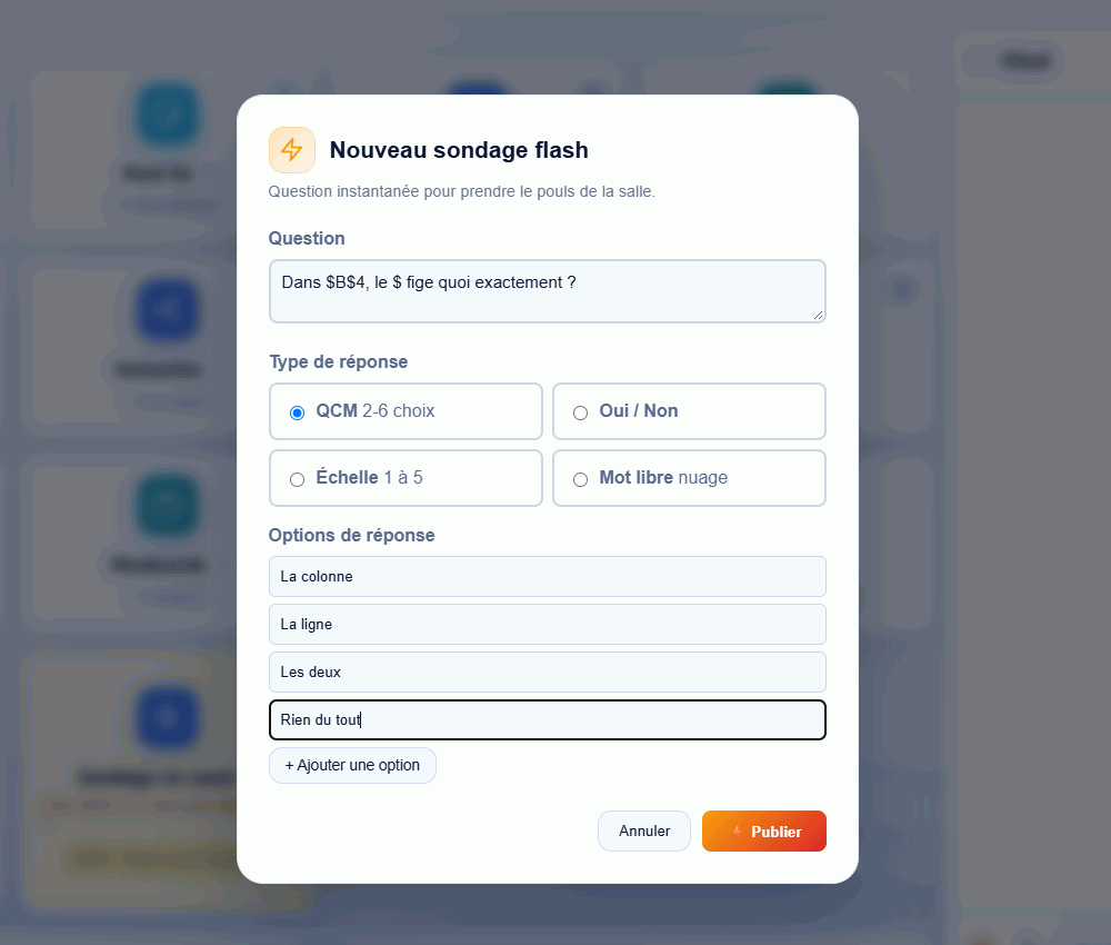 Fenêtre « Nouveau sondage flash » dans une salle EduTools : la question saisie, le type QCM sélectionné et quatre options de réponse.