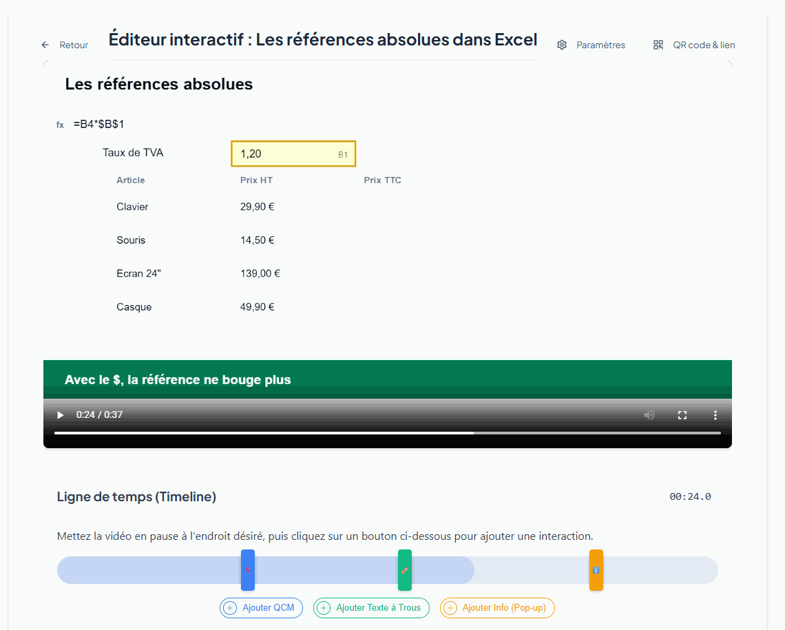 Editor di video interattivo EduTools: il video in alto, e sotto una linea del tempo con tre segni colorati, uno per punto di arresto.