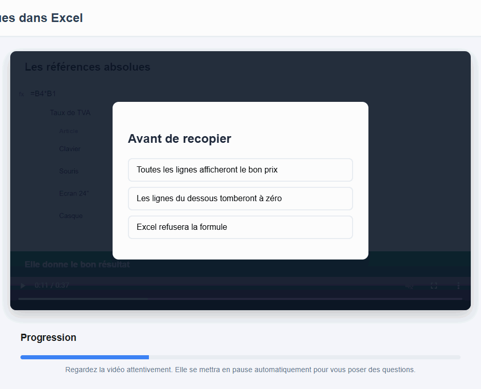 Lettore EduTools: il video è oscurato e una scheda mostra la domanda « Prima di ricopiare » con tre risposte possibili.